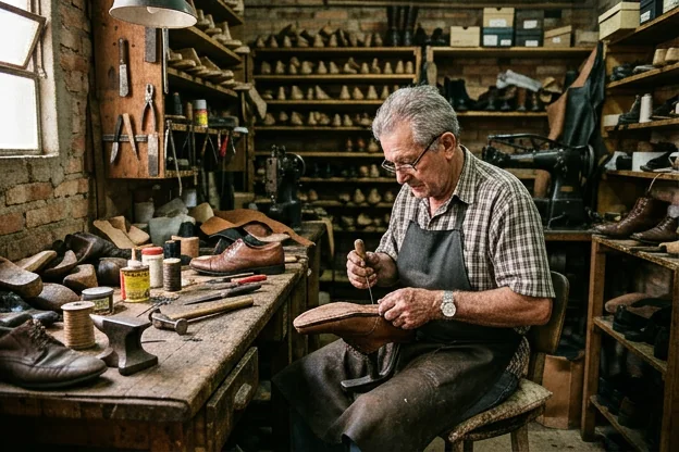 Profissional realizando trabalho em calçados na oficina de sapatos em Uruguaiana.