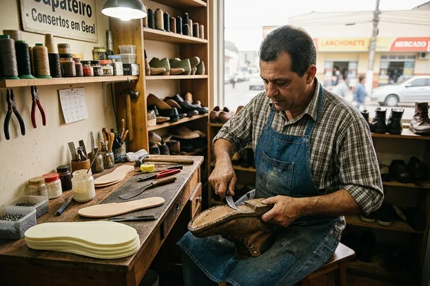 Troca de palmilhas de calçados por um sapateiro em Uruguaiana.