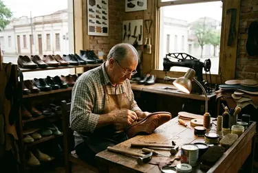 Sapateiro reformando sapatos sociais em Uruguaiana.