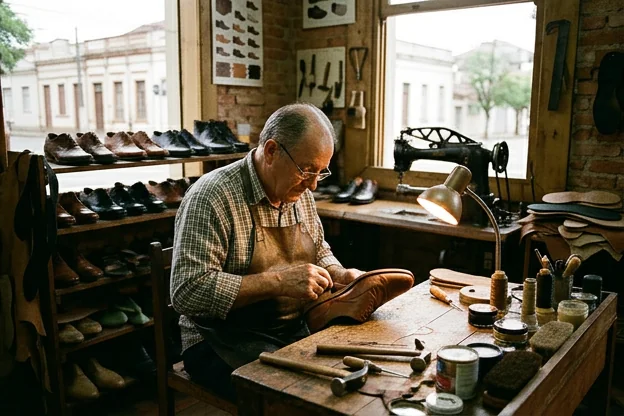 Sapateiro reformando sapatos sociais em Uruguaiana.