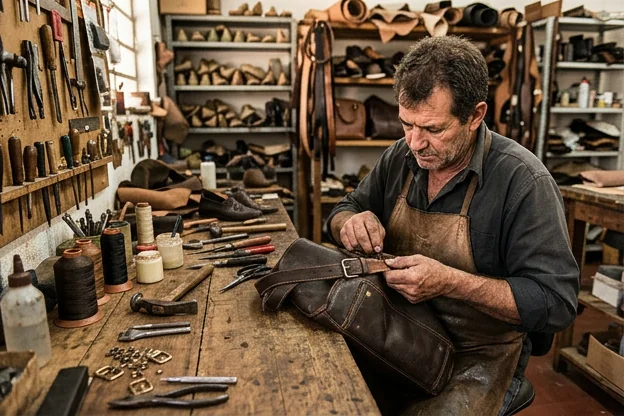 Reforma de bolsa de couro sendo realizada em Uruguaiana.