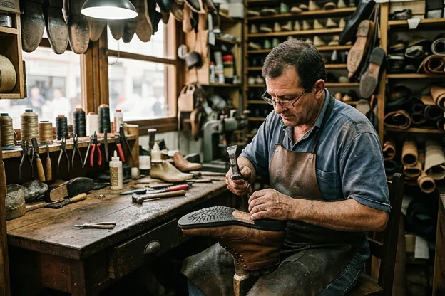 Profissional realizando a troca de solado em sapatos em Uruguaiana.