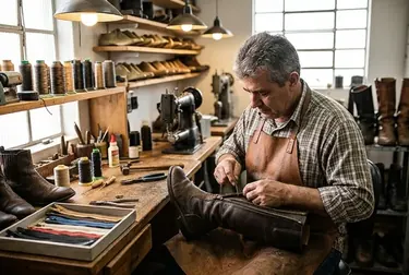 Profissional consertando o zíper de uma bota em Uruguaiana.