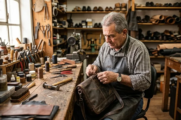 Reforma de bolsa de couro realizada por um sapateiro em Uruguaiana.