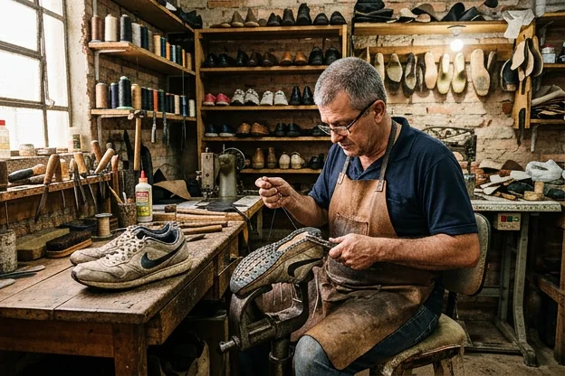 Reparo de tênis realizado por um sapateiro em Uruguaiana.
